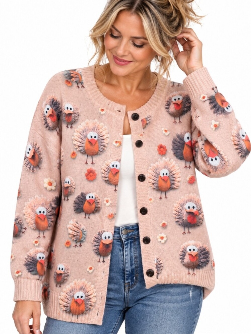 Unbranded Turkey Cardigan Sweater Large Pink Button Front Thanksgiving Fall